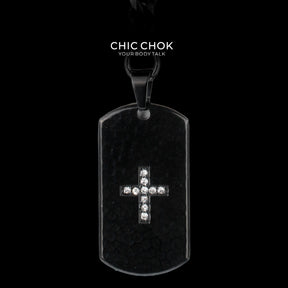 CHICCHOK "Glorious Dog Tag" Custom Laser Engraved Y-Necklace | Stainless Steel Gothic Cross Military Tag Drop Chain | Dark Streetwear Subculture Jewelry