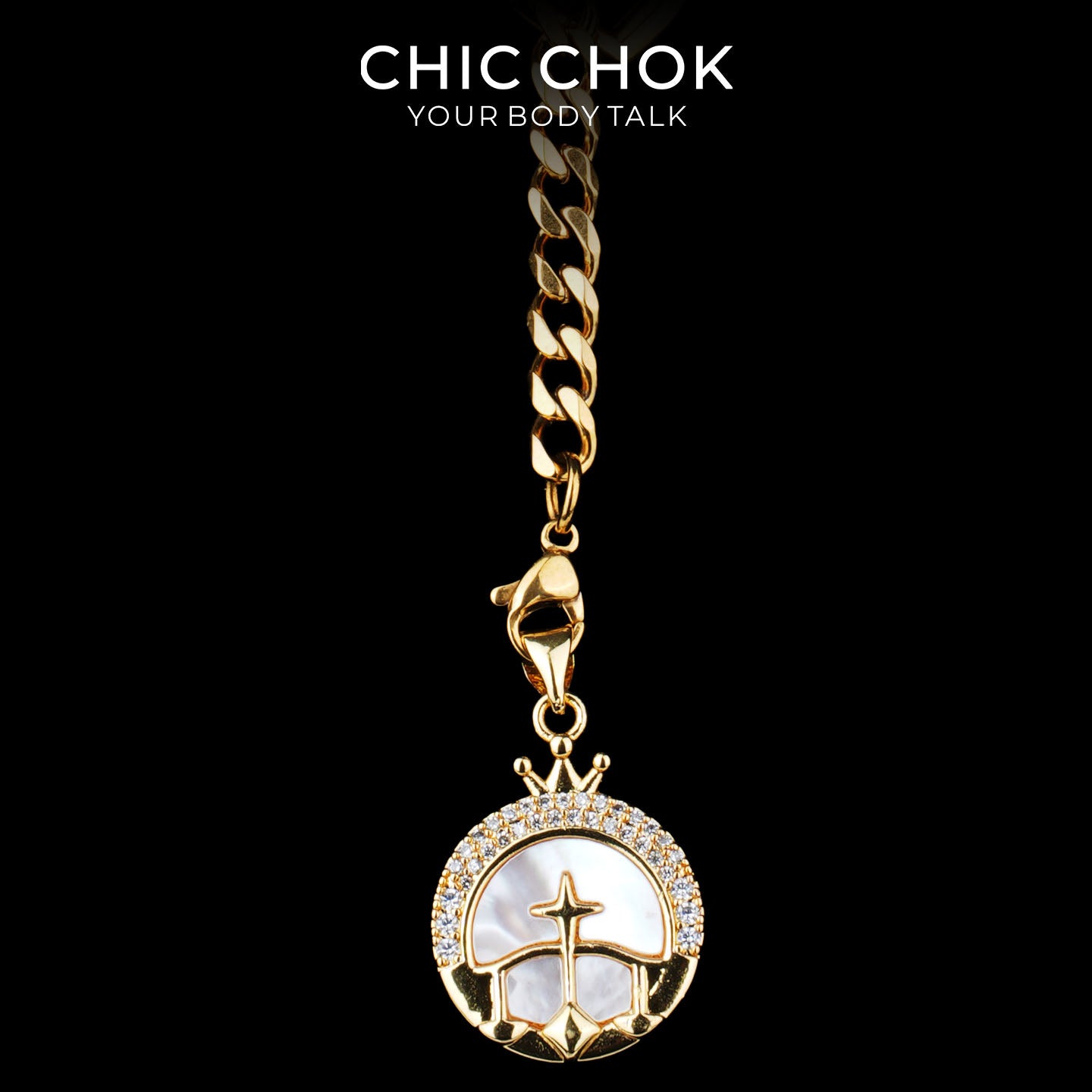 Collier cravate en Y Whispering Selene CHICCHOK | Chaîne dorée à maillons cubains en acier inoxydable avec cœur | Pendentif lune astrologique en nacre et strass décliné en 12 signes du zodiaque