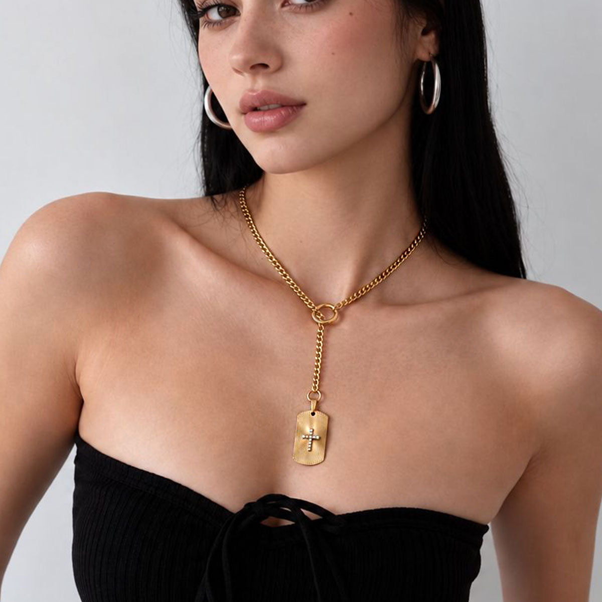 CHICCHOK "Glorious Dog Tag" Custom Laser Engraved Y-Necklace | Stainless Steel Gothic Cross Military Tag Drop Chain | Dark Streetwear Subculture Jewelry