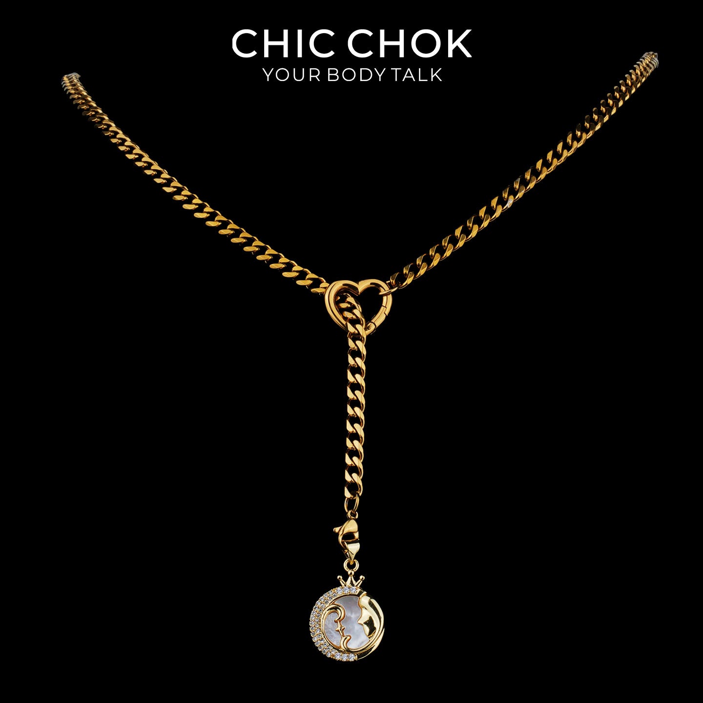 CHICCHOK Whispering Selene Y-Lariat Necklace | Gold Stainless Steel Heart Cuban Link Chain | 12 Zodiac Mother-of-Pearl Rhinestone Moon Pendant Astrological Jewelry