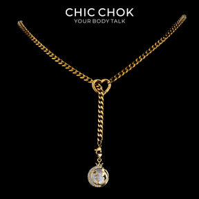 CHICCHOK Whispering Selene Y-Lariat Necklace | Gold Stainless Steel Heart Cuban Link Chain | 12 Zodiac Mother-of-Pearl Rhinestone Moon Pendant Astrological Jewelry