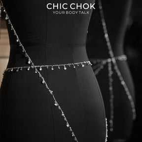 CHICCHOK Crown of the Night Queen | Ensemble chaînes de corps argentées avec cristaux | Harnais gothique compas & bijou lingerie à clochette intime