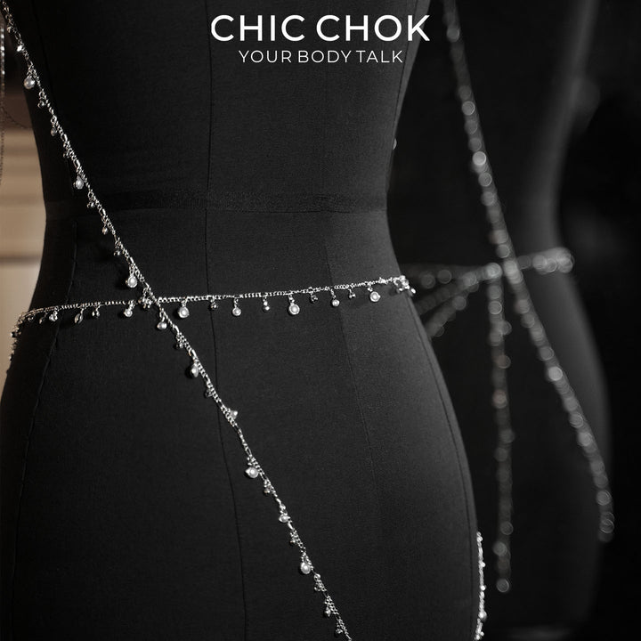CHICCHOK Crown of the Night Queen | Silver Crystal Body Chain Set | Gothic Compass Harness & Intimate Bell Lingerie Jewelry