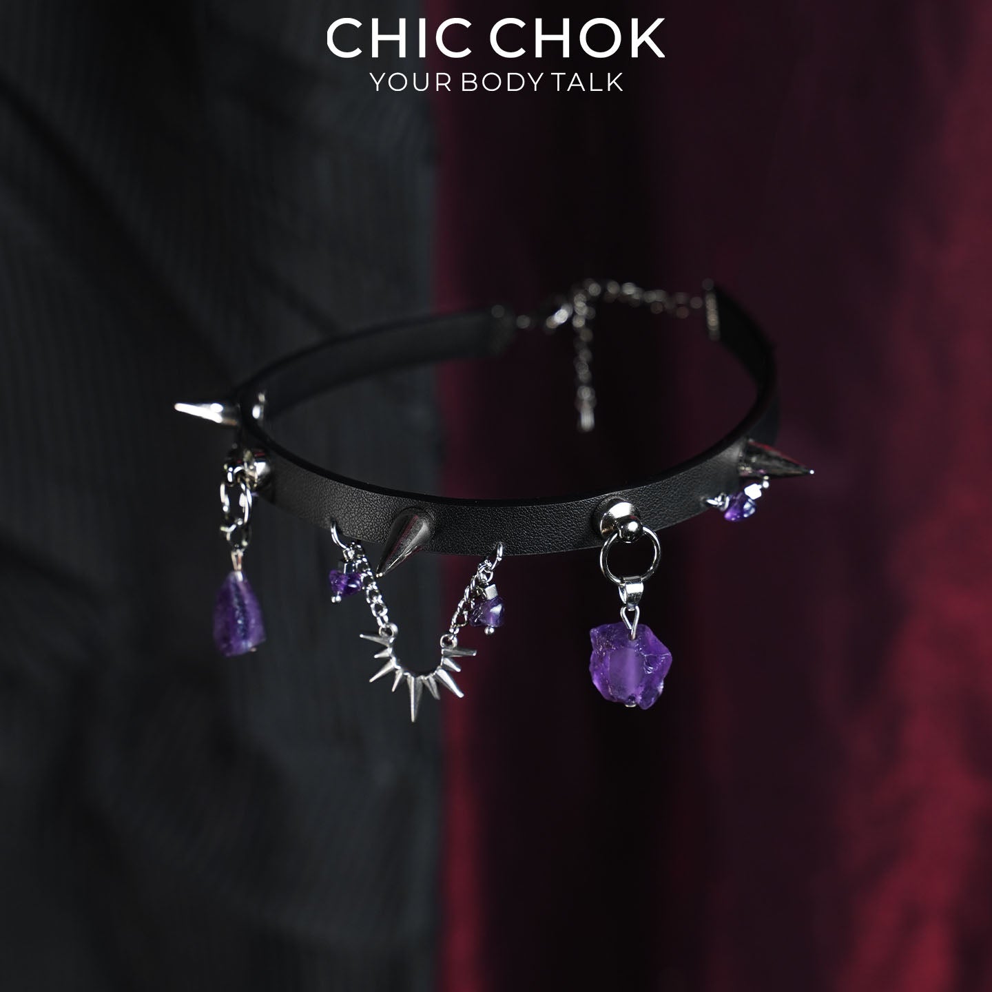 CHICCHOK Phantom Crystal Shackle Slim Choker | Gothic Amethyst Spike Leather Collar | Luxury Witchcore Punk Subversive Body Armor