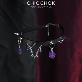CHICCHOK Phantom Crystal Shackle Slim Choker | Gothic Amethyst Spike Leather Collar | Luxury Witchcore Punk Subversive Body Armor