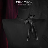 CHICCHOK Satin Shadow Genuine Leather Choker | Gothic Ribbon Bowknot Necklace | Balletcore Quiet Luxury Black Silk Tassel Collar Alternative Jewelry