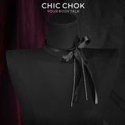 CHICCHOK Satin Shadow Genuine Leather Choker | Gothic Ribbon Bowknot Necklace | Balletcore Quiet Luxury Black Silk Tassel Collar Alternative Jewelry
