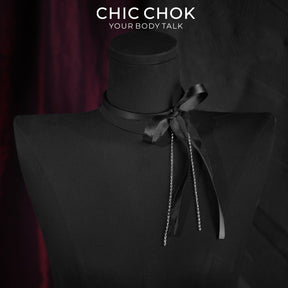 CHICCHOK Satin Shadow Genuine Leather Choker | Gothic Ribbon Bowknot Necklace | Balletcore Quiet Luxury Black Silk Tassel Collar Alternative Jewelry