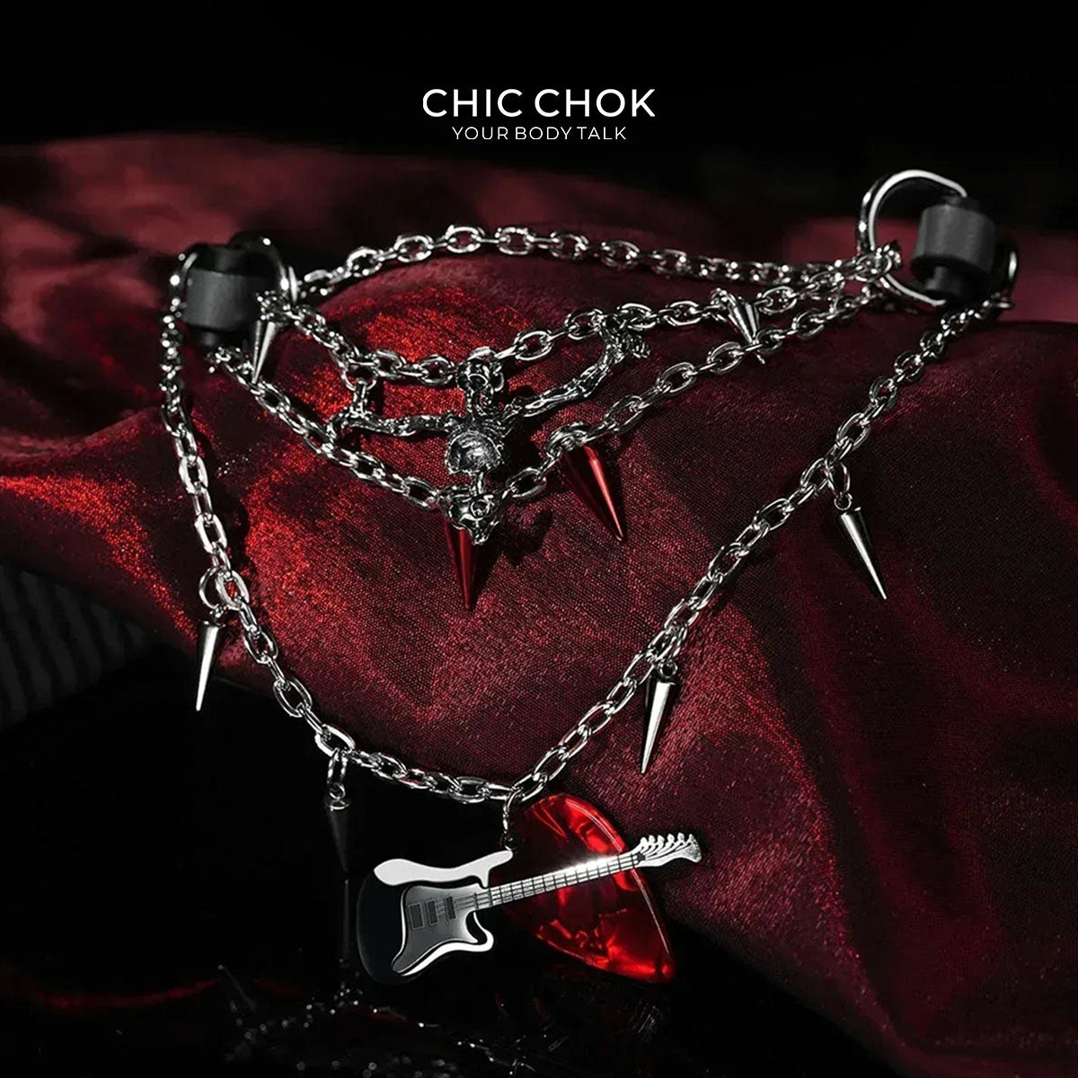 CHICCHOK Crimson Requiem: choker Heavy Metal Festival z zawieszkami gitary i czaszki