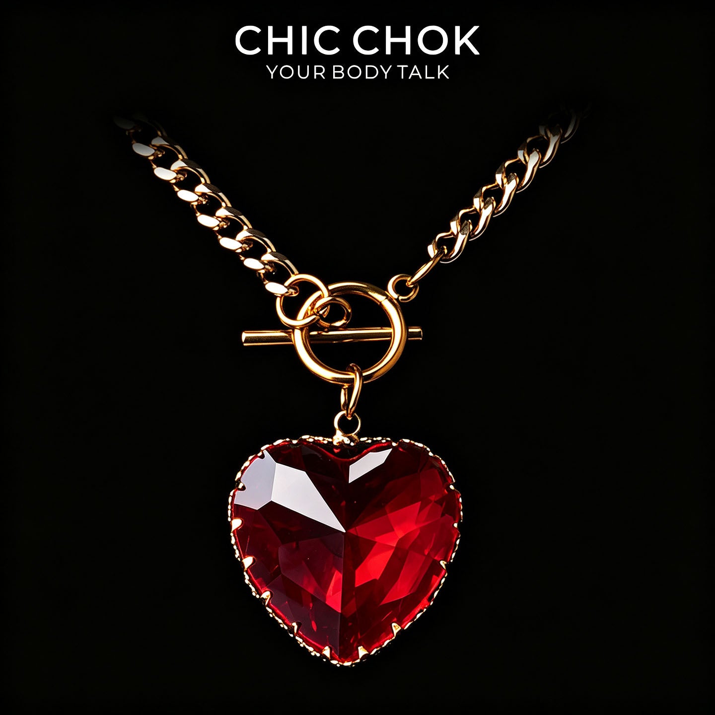 CHICCHOK 크림슨 하트 Y-래리어트 목걸이 | 골드 스테인레스 스틸 OT 토글 체인 | 다크 코케트 면 처리된 레진 하트 펜던트 주얼리