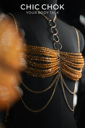 CHICCHOK Gypsy Kiss | Red Crystal Bralette Body Chain | Layered Gold Boho Harness