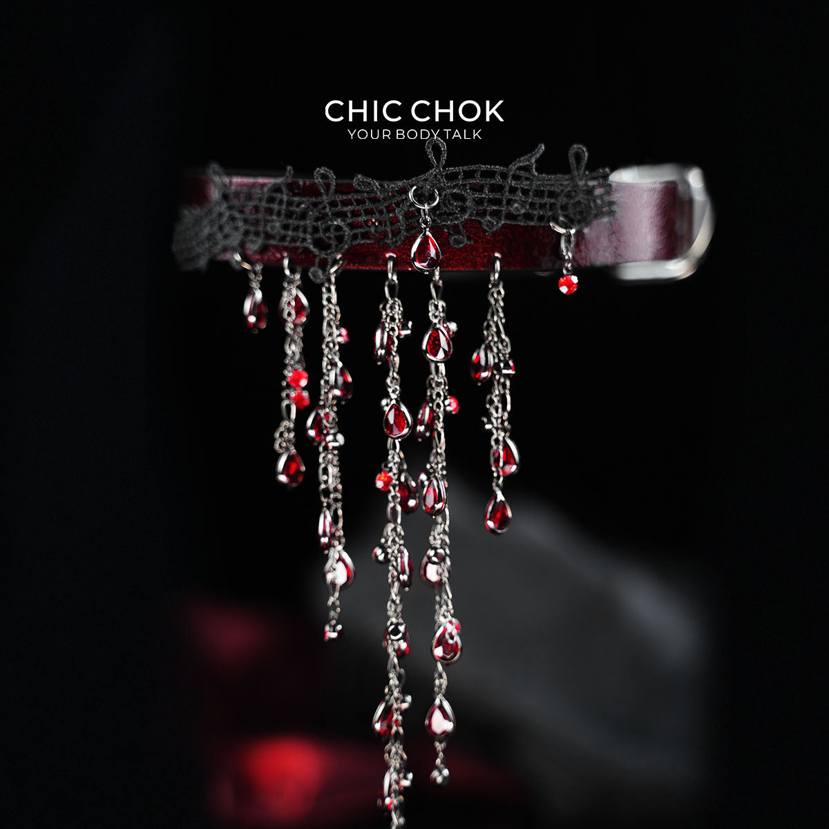 CHICCHOK "Scarlet Aria" Vampire Lace Choker | Genuine Leather & Crystal Teardrop Collar | Dark Gothic Theatrical Neckwear