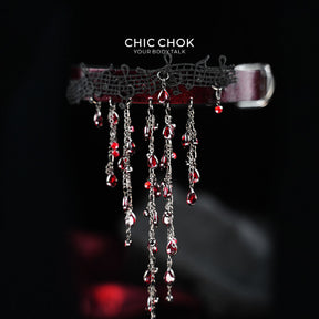 CHICCHOK "Scarlet Aria" Vampire Lace Choker | Genuine Leather & Crystal Teardrop Collar | Dark Gothic Theatrical Neckwear