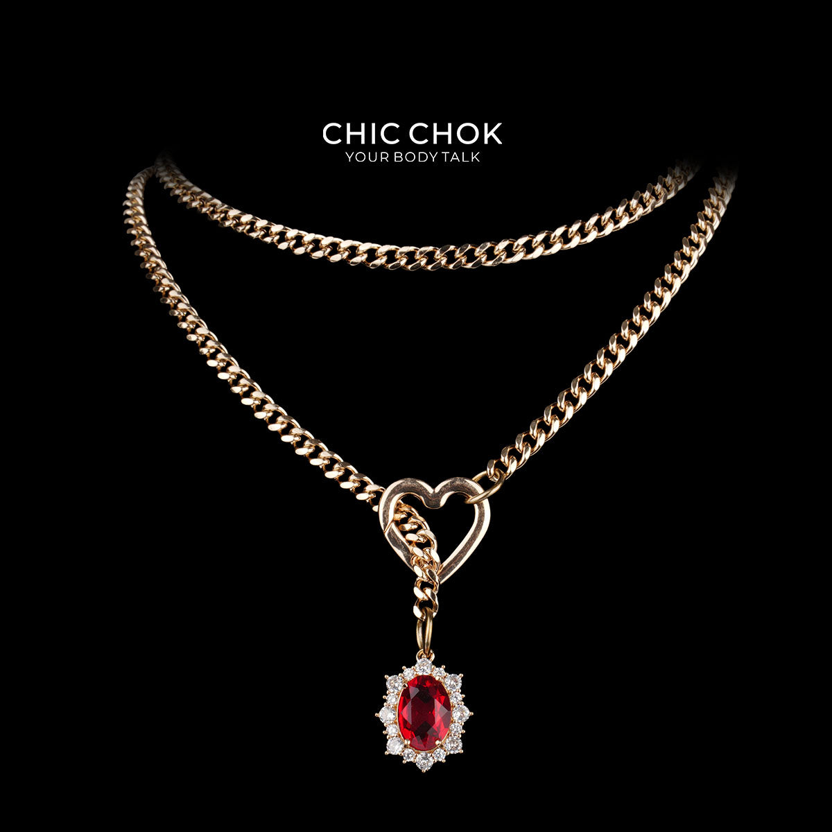 CHICCHOK Golden Silence | Layered Titanium Steel Y-Necklace | Red Crystal Heart Pendant
