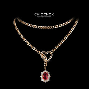 CHICCHOK Golden Silence | Layered Titanium Steel Y-Necklace | Red Crystal Heart Pendant