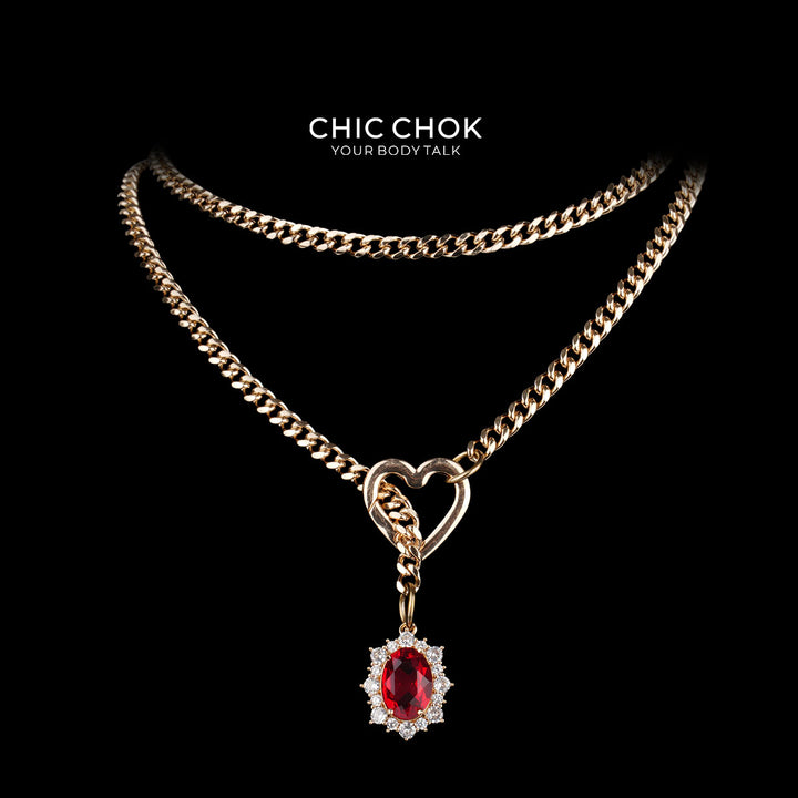 CHICCHOK Golden Silence | Layered Titanium Steel Y-Necklace | Red Crystal Heart Pendant