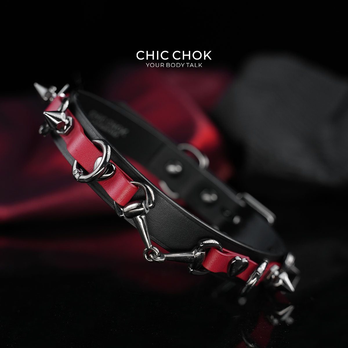 CHICCHOK [Mysterious Queen] Red&Black Spikes Stylish Leather Choker