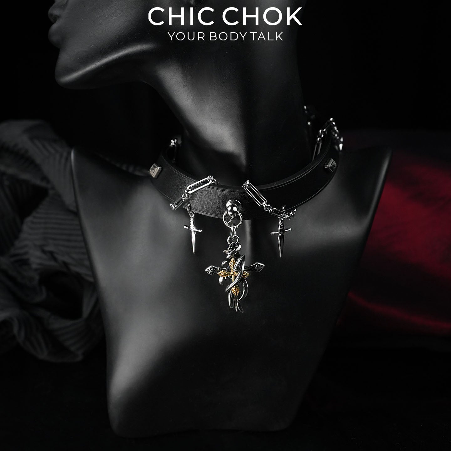 CHICCHOK Cloister Sunset Genuine Leather Choker | Gothic Thorn Cross Pendant Collar | Luxury Baroque Dagger Subversive Techwear Jewelry