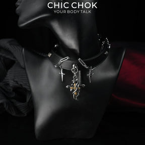 CHICCHOK Cloister Sunset Genuine Leather Choker | Gothic Thorn Cross Pendant Collar | Luxury Baroque Dagger Subversive Techwear Jewelry