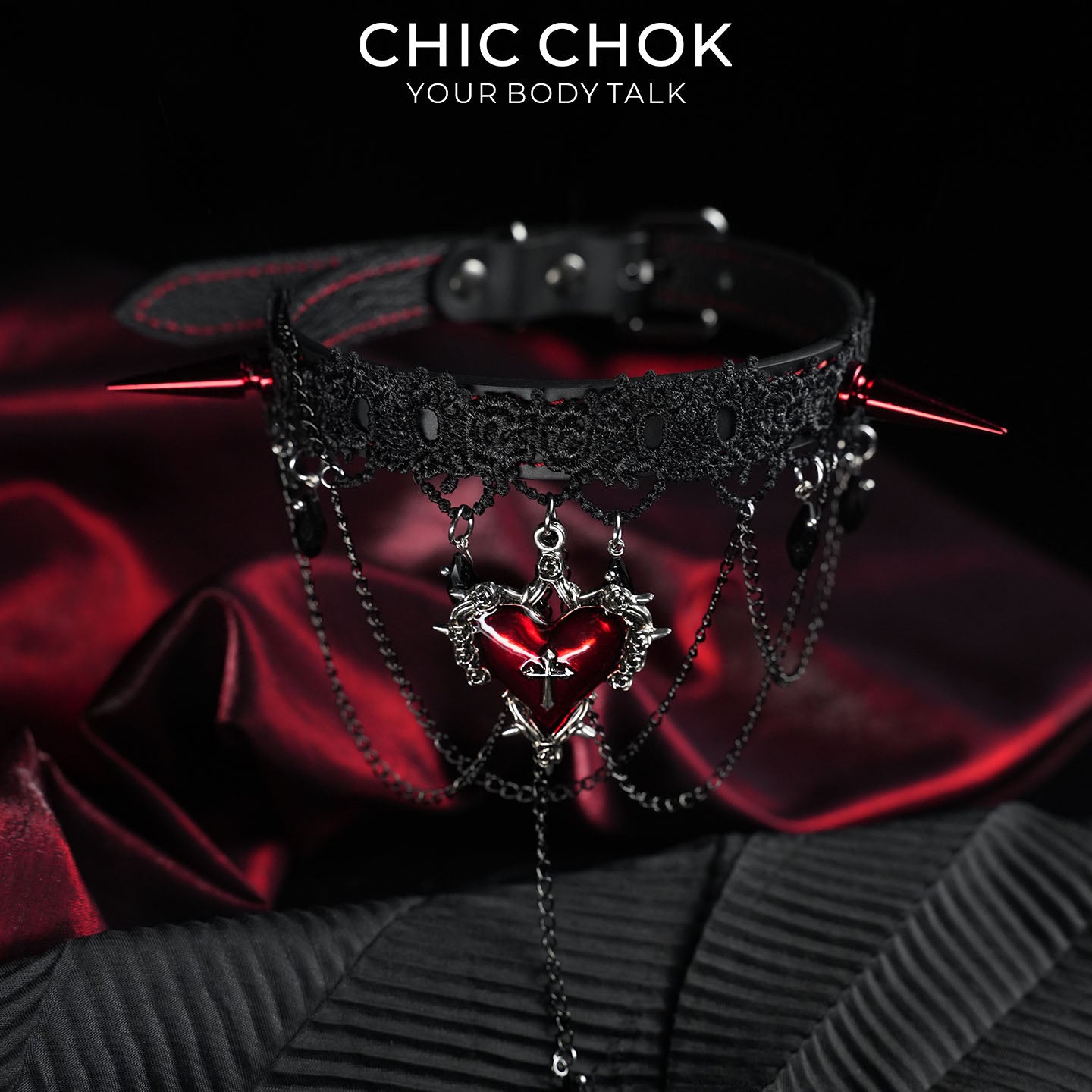 CHICCHOK Black and Red Lace Spiked Collar | Top-Grain Calfskin Cross-Shaped Pendant | Vampire Gothic Lace Necklace