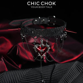 CHICCHOK Black and Red Lace Spiked Collar | Top-Grain Calfskin Cross-Shaped Pendant | Vampire Gothic Lace Necklace