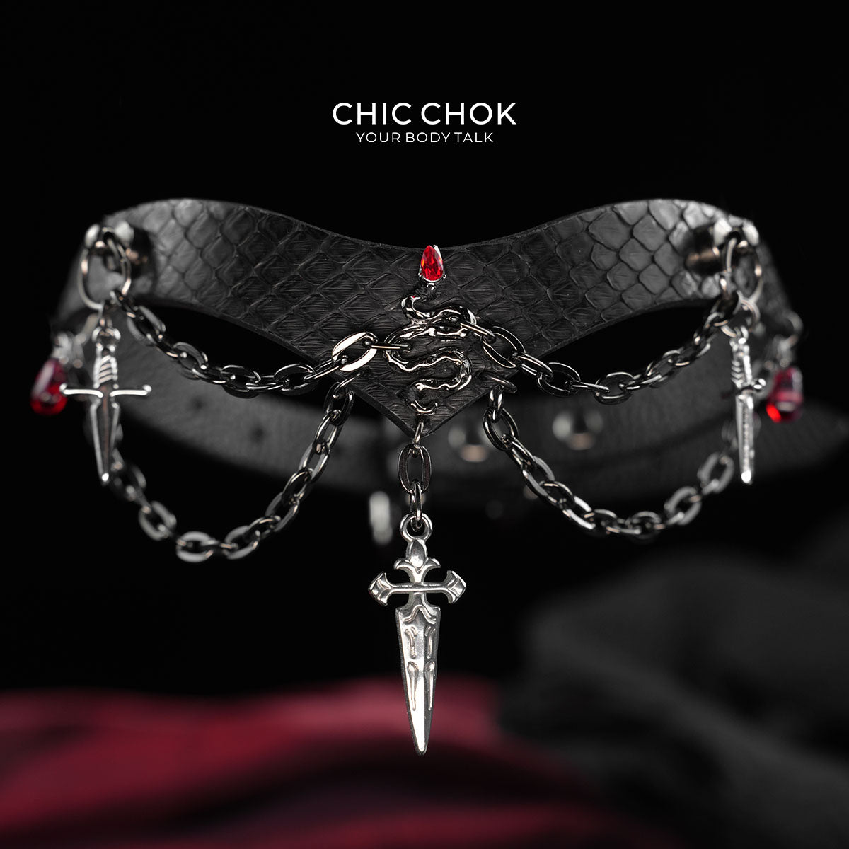 CHICCHOK "Serpent's Blood Oath" Python Leather Sword Choker | Dark Gothic V-Shape Collar | Subculture Rebellious Neckwear