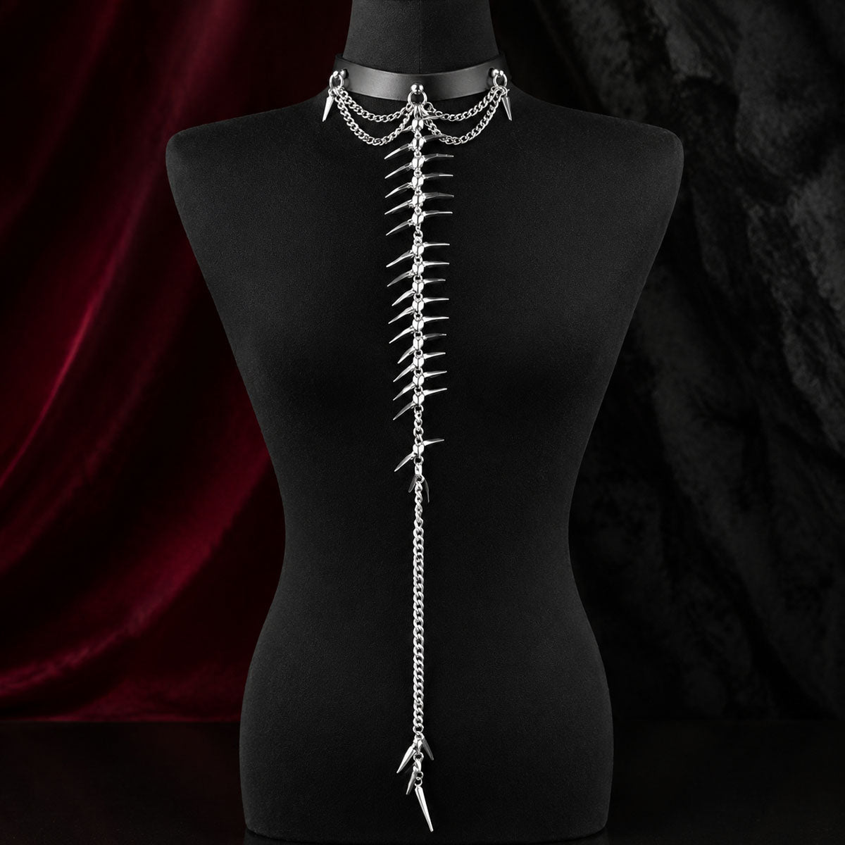 CHICCHOK "Spinal Echo" Genuine Leather Choker | Gothic Spine Bone Back Chain & Y-Necklace | Dark Cyberpunk Subculture Jewelry