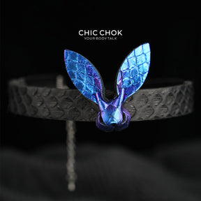 CHICCHOK Abyssal Phantom Rabbit Choker | Genuine Cowhide & Snakeskin Leather Collar | Iridescent Gothic Bunny Cyberpunk Neckwear