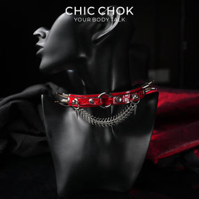 CHICCHOK Crimson Croc | Bone Kiss Spiked Choker | Crocodile Embossed Leather Fishbone Necklace