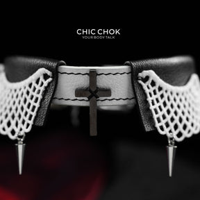 CHICCHOK "Clerical Precept" Hand-Stitched Leather Choker | Gothic Nun Cross Collar | Dark Ascetic Subculture Neckwear