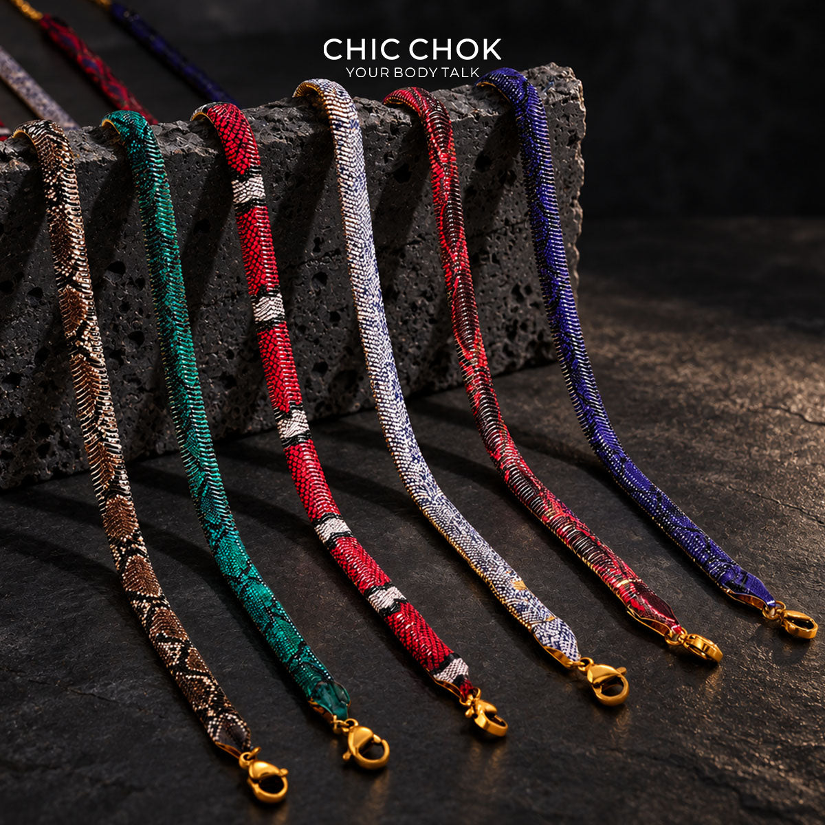 CHICCHOK Phantom Serpent 7mm Colorful Snake Print Flat Chain | Iron Electroplated Choker Necklace | Dark Luxury Animal Print Jewelry