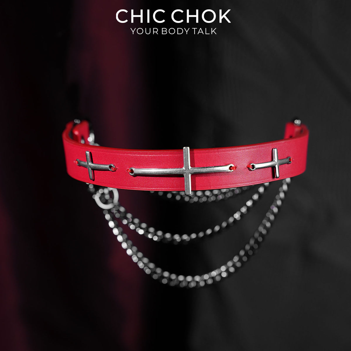 CHICCHOK Sacred Path Red Covenant Genuine Leather Choker | Gothic Silver Cross Pendant Collar | Luxury Red & Silver Subversive Punk Bondage Jewelry