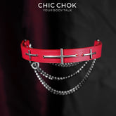 CHICCHOK Sacred Path Red Covenant Genuine Leather Choker | Gothic Silver Cross Pendant Collar | Luxury Red & Silver Subversive Punk Bondage Jewelry