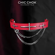 CHICCHOK Sacred Path Red Covenant Genuine Leather Choker | Gothic Silver Cross Pendant Collar | Luxury Red & Silver Subversive Punk Bondage Jewelry