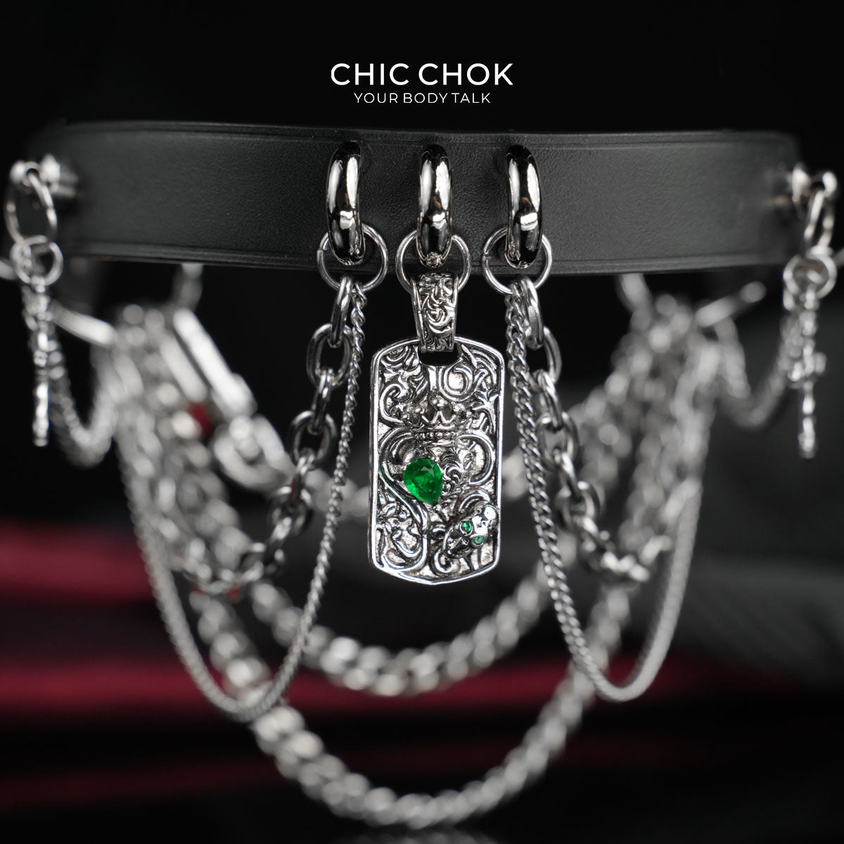 CHICCHOK Emerald Night Ritual Leather Choker | Gothic Layered Chain Stainless Steel Collar | Ornate Emerald Amulet Vampire Grunge Jewelry