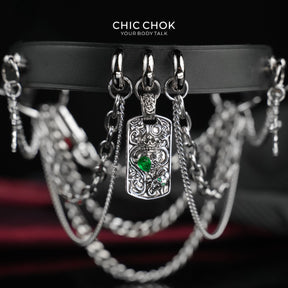 CHICCHOK Emerald Night Ritual Leather Choker | Gothic Layered Chain Stainless Steel Collar | Ornate Emerald Amulet Vampire Grunge Jewelry