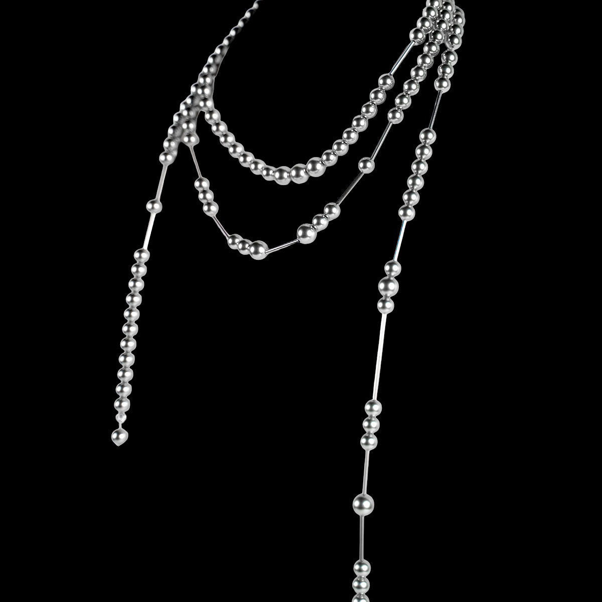 CHICCHOK Dream Lock Pearl Lariat Necklace - Avant-Garde Silver Metallic Shell Pearl & Stainless Steel Layered Body Chain