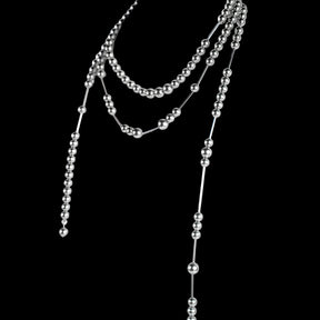 CHICCHOK Dream Lock Pearl Lariat Necklace - Avant-Garde Silver Metallic Shell Pearl & Stainless Steel Layered Body Chain