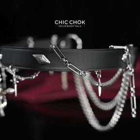 Ras-de-cou en cuir véritable CHICCHOK Cloister Sunset | Collier pendentif croix gothique à épines | Bijou techwear subversif luxe baroque avec dagues