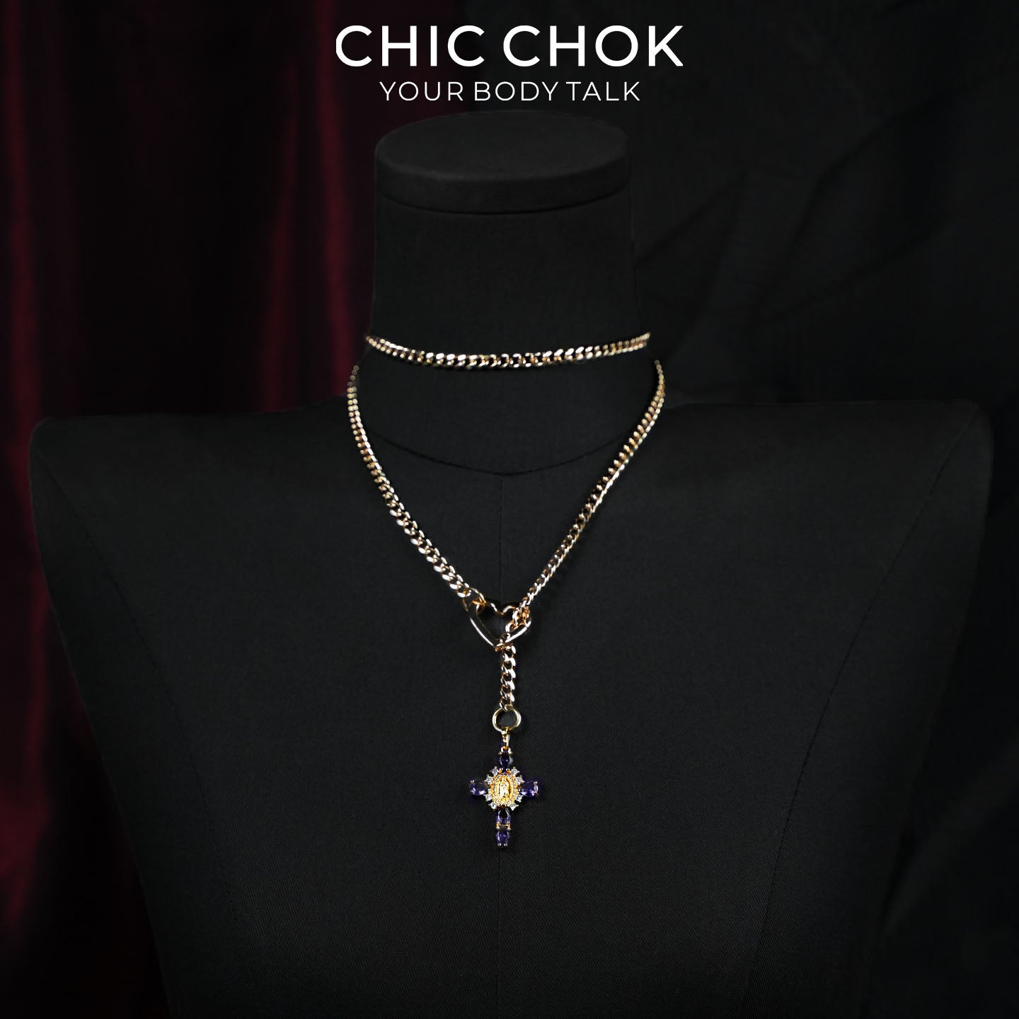 CHICCHOK Sacred Heart Emerald Shadow Y-Lariat Necklace | Gold Plated Baroque Cross Choker | Luxury Zircon Gothic Body Jewelry