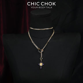 CHICCHOK Sacred Heart Emerald Shadow Y-Lariat Necklace | Gold Plated Baroque Cross Choker | Luxury Zircon Gothic Body Jewelry