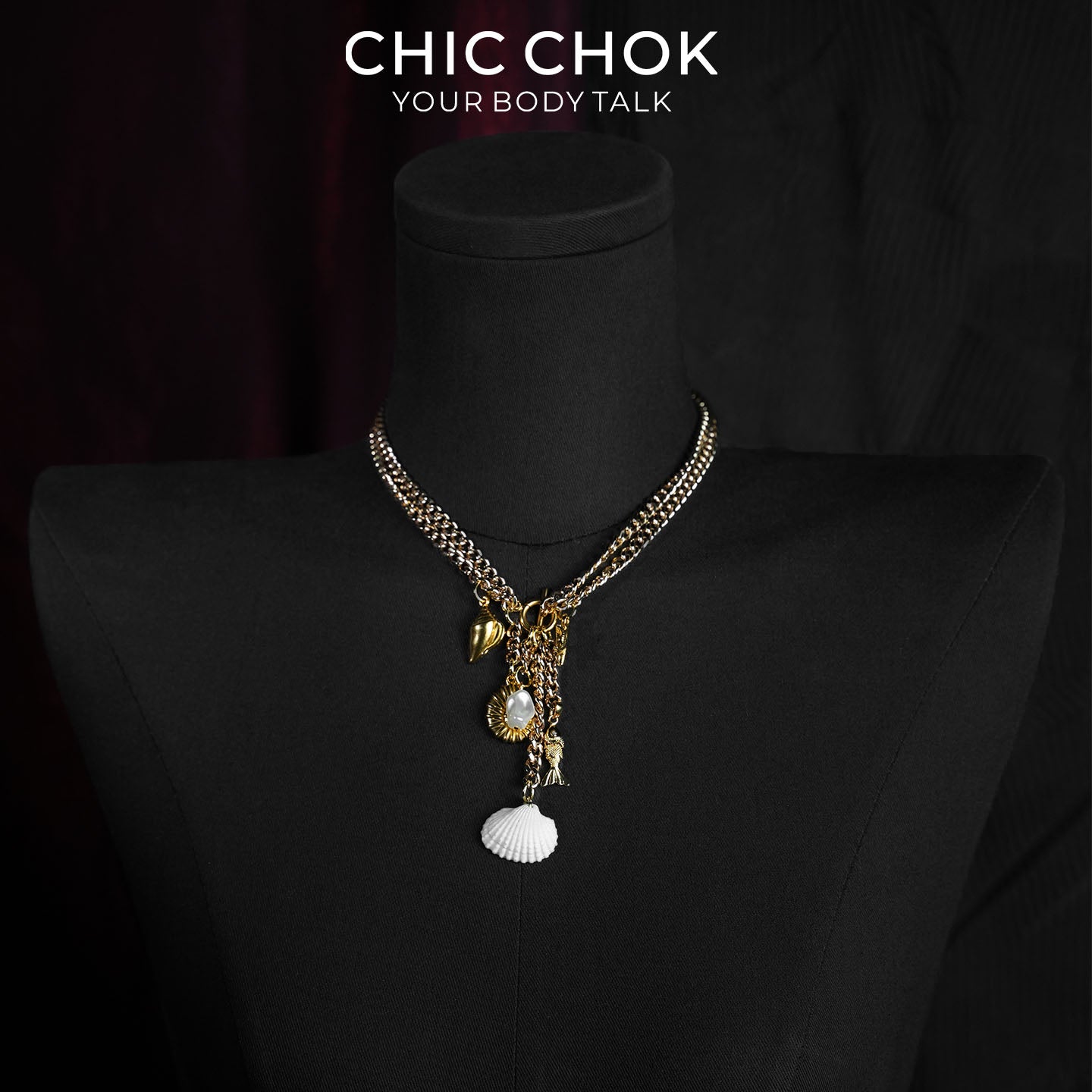 CHICCHOK Shattered Gold Coast Pearl Necklace | Handcrafted Stainless Steel Summer Beach Choker | Golden Sea Shell Luxury Baroque Vacation Jewelry