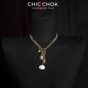 CHICCHOK Shattered Gold Coast Pearl Necklace | Handcrafted Stainless Steel Summer Beach Choker | Golden Sea Shell Luxury Baroque Vacation Jewelry