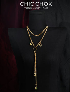 CHICCHOK Gilded Emerald Vigil Y-Lariat Necklace | Handcrafted Titanium Steel Multi-Layer Cuban Chain | Luxury Baroque Green Zircon Pendant Gothic Jewelry