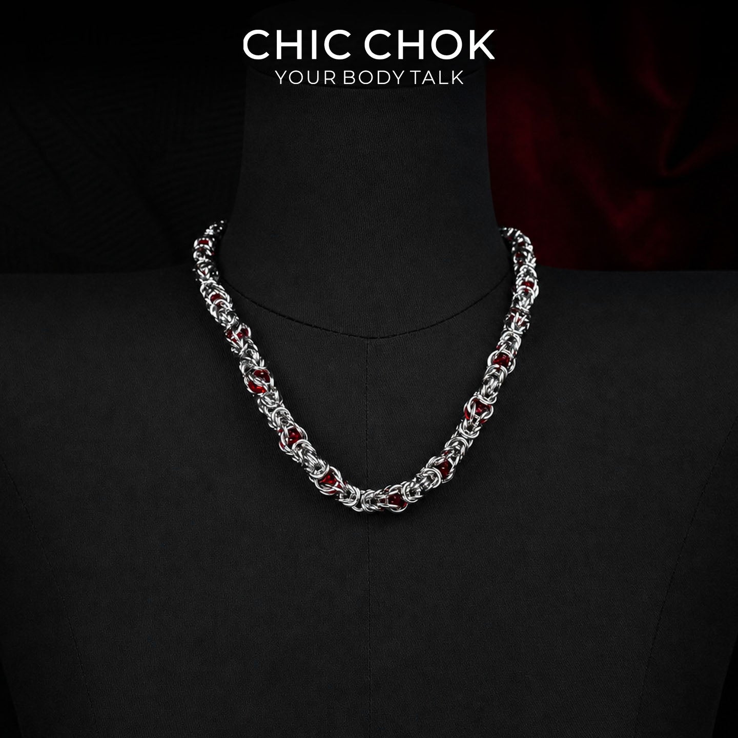 CHICCHOK Crimson Crystal Chain Necklace | Handcrafted Byzantine Stainless Steel Chain | Heavy Industrial Punk Cyber Goth Jewelry
