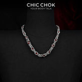 CHICCHOK Crimson Crystal Chain Necklace | Handcrafted Byzantine Stainless Steel Chain | Heavy Industrial Punk Cyber Goth Jewelry