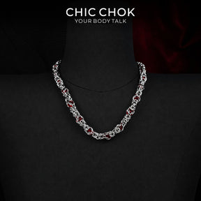 CHICCHOK Crimson Crystal Chain Necklace | Handcrafted Byzantine Stainless Steel Chain | Heavy Industrial Punk Cyber Goth Jewelry