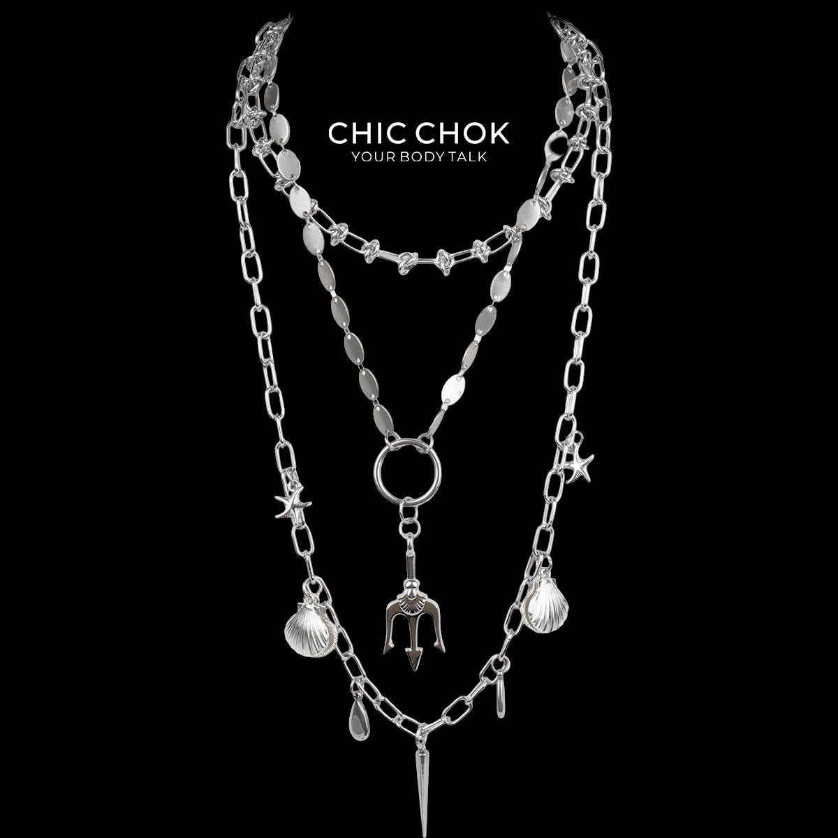 CHICCHOK "Blade Tide Gathering" Layered Stainless Steel Necklace | Poseidon Trident Shell & Starfish Pendant Drop Chain | Dark Marine Grunge Streetwear Jewelry