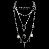CHICCHOK "Blade Tide Gathering" Layered Stainless Steel Necklace | Poseidon Trident Shell & Starfish Pendant Drop Chain | Dark Marine Grunge Streetwear Jewelry