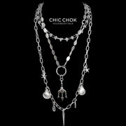 CHICCHOK "Blade Tide Gathering" Layered Stainless Steel Necklace | Poseidon Trident Shell & Starfish Pendant Drop Chain | Dark Marine Grunge Streetwear Jewelry